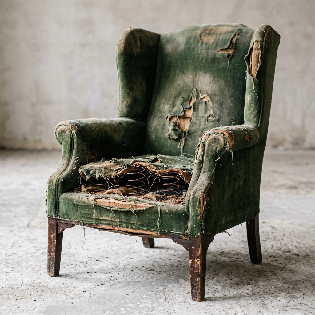 Victorian wingback armchair before restoration, showing worn fabric and visible springs